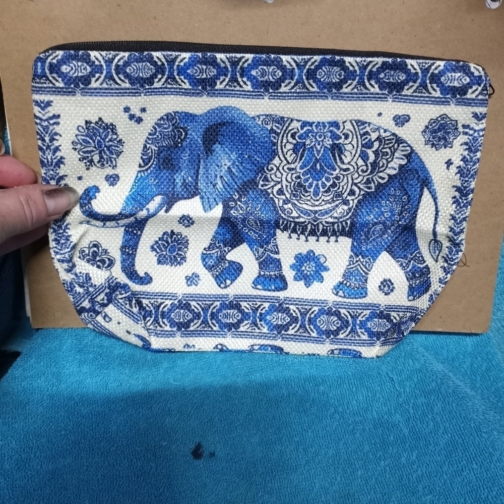 Blue Elephant Print Makeup Pouch